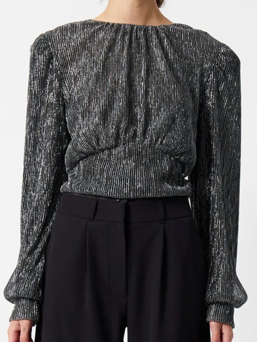 French Connection Tamy Lurex Plisse Top Black & Silver S